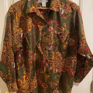 Whistles Silk Long Sleeved Shirt Blouse Olive Green & Orange Size M